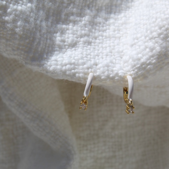 Sterling Silver White Enamel Hoop Earrings with Simulated Diamond - Picture 8 of 11